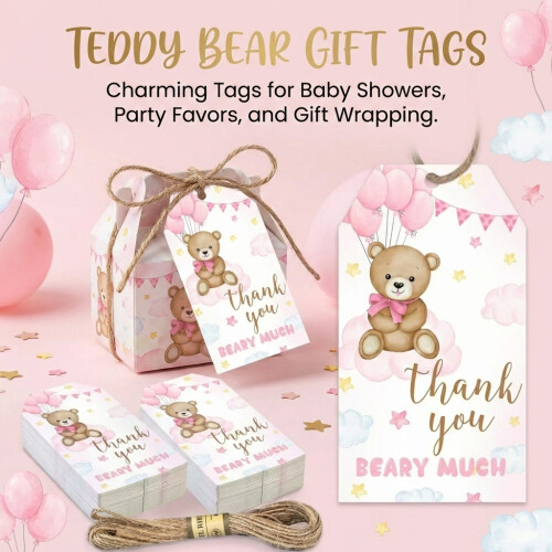 (Pink Bear, A) Bear Baby Gift Cards with Strings - Reusable 1