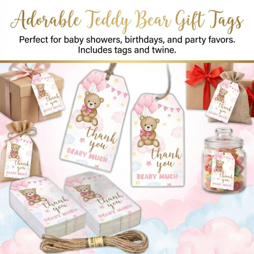 (Pink Bear, A) Bear Baby Gift Cards with Strings - Reusable 2