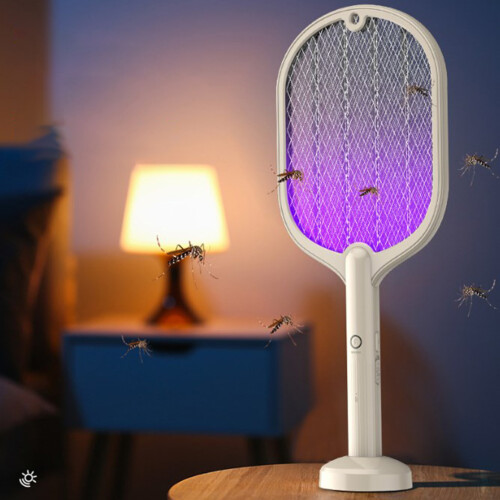 Electric Fly Swatter USB Charging2in1Fly Killer Racket with3Layer Mesh for Home Use White 1