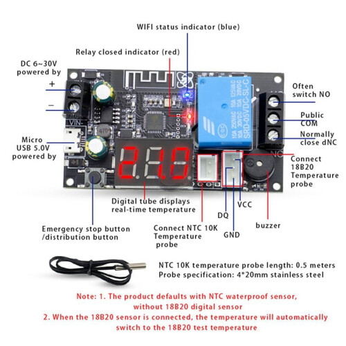 2X XY-WFTX Remote WIFI Thermostat Temperature Control Module NTC 10K 0.5M Relay  Temperature Controller Module