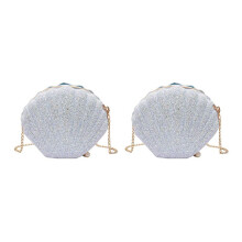 2X Women Girls Little Mermaid Seashell Purse -Body Shoulder Bags Glitter Sequins Chain Evening Purse, White
