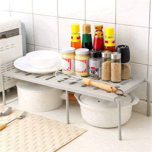 2X Expandable Kitchen Counter Shelf Organizer , Shelf with Retractable , Multi-Purpose Spice Rack Plastic White