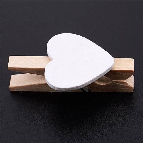 5X Small  Pinces À Linge en Bois / Pinces Décoratives avec Coeurs, Blanc 1