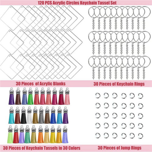 240 Pcs Square Acrylic Keychain Blanks Tassels Set Including Acrylic Blanks Silver 1