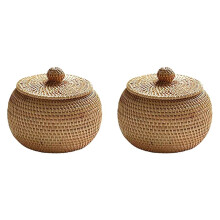 2X Round Rattan Box with Lid, Hand Woven Storage Box, Multifunctional Desktop Tray Storage Basket Decoration for Home