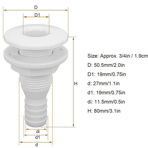 5X Boat Water Drain Scupper ABS 3/4in White Through Hull Connector Hose Coupling Drain Outlet Replacement Hardware 1