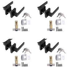 4X Door Handle Lock Square Channel Privacy Mask Interior Bedroom Room Bathroom Three-Bar Spherical Lock-Black