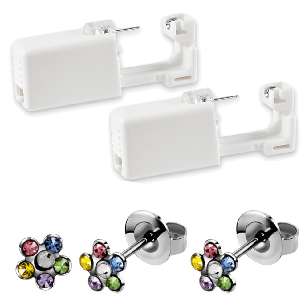 Silver Disposable Sterile Ear Piercing Gun Kit With 6Mm Flower Studs For Cartilage And Helix