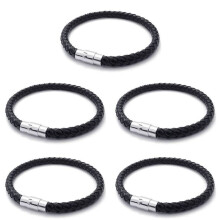 5X Stainless Steel Leather Bracelet, Braided Leather Bracelet, for Men Women, Black - Width 6mm - Length 19cm