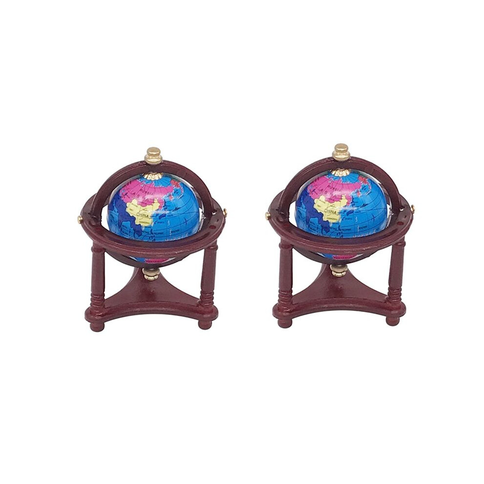 2X 1/12 Scale Dollhouse World Globe With Wooden Stand, Globe Dollhouse For Doll House Desktop Display Red Brecantia