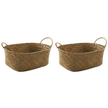 2X Handmade Woven Storage Basket Straw Food Container Makeup Organizer Rattan Breadfruit Case Holder(M,27X17X11cm)