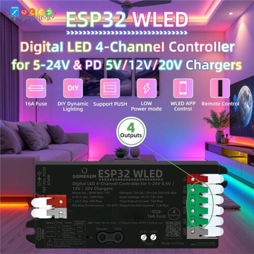 DOMRAEM 4-Channel LED Strip Controller ESP32 WLED Digital Controller PD5/12/20V DC5-24V Input 16A A 1