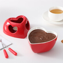 Heart Fondue Pot Set - Ceramic Melting Mug, Dessert Pot Kit with Four Forks and Candle for Cheese White