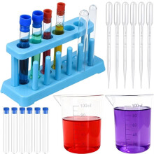 Laboratory Test Tube Rack Set, Including 1 Test Tube Rack, 6 Test Tubes, 6 Plastic Measuring Cups and 6 Droppers