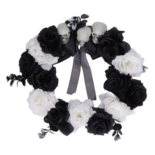 Halloween Wreath with Skull Decor in Black and White