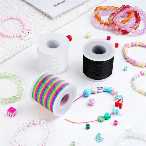 Stretchy Bracelet String Kit with Scissors & Beading Needle, 4 Rolls Elastic String for DIY Crafts, 1mm Stretchy Cord 2