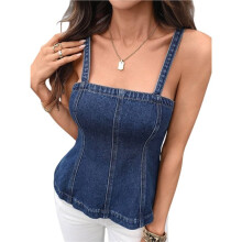 Ärmlös Denimlinne för Kvinnor, Korta Linnen, Spaghettiband, Slim Fit, Sommartopp Djupblå L