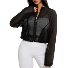 Damen-Mesh-Jacke mit Reißverschluss, Stehkragen, Leichtem Material und Taschen Schwarz L