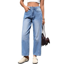 Trendiga Denimbyxor med Hög Midja, Vida Ben, Stretchiga och Baggy Ankelbyxor för Kvinnor med Fickor Ljusblå XL