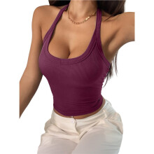 Sporttopjes voor Dames: Basic Tanktop, Zomerse Camisole met V-Hals, Slim Fit, Geribbeld, Mouwloos Paars M
