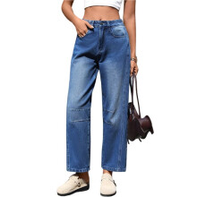 Trendiga Denimbyxor med Hög Midja, Vida Ben, Stretchiga och Baggy Ankelbyxor för Kvinnor med Fickor Djupblå S