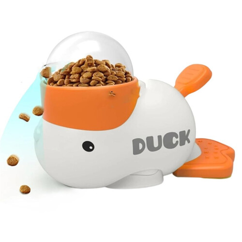 Cat Feeder, Duck-Shaped Cat Treat Dispenser, Interactive Slow Feeder, Push-Button Toy B