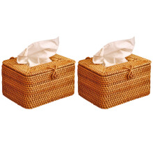 2X Rectangle Paper Rack Rattan Tissue Box Elegant Home Decoration Handmade Desktop Tissue Container Napkin Storage Case