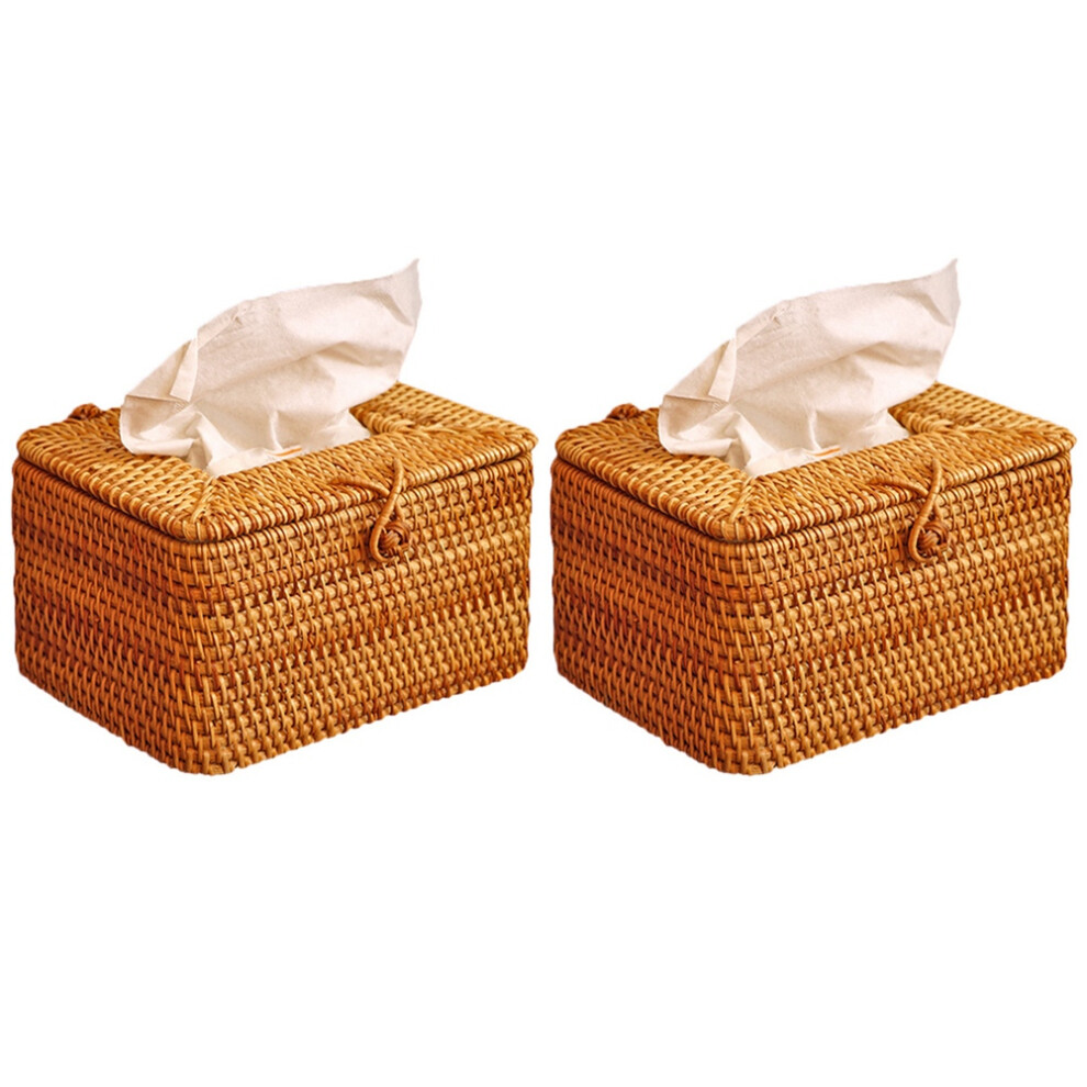 2X Rectangle Paper Rack Rattan Tissue Box Elegant Home Decoration Handmade Desktop Tissue Container Napkin Storage Case Brecantia