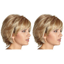 2X Short Layered Fluffy Wavy Full Synthetic Wig Blonde Highlights