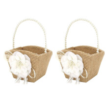 2X Panier de Fille de Fleur en Toile de Jute Rustique pour Panier de Fleurs de Fête de Mariage Rustique Vintage ûrPoignée en Perle