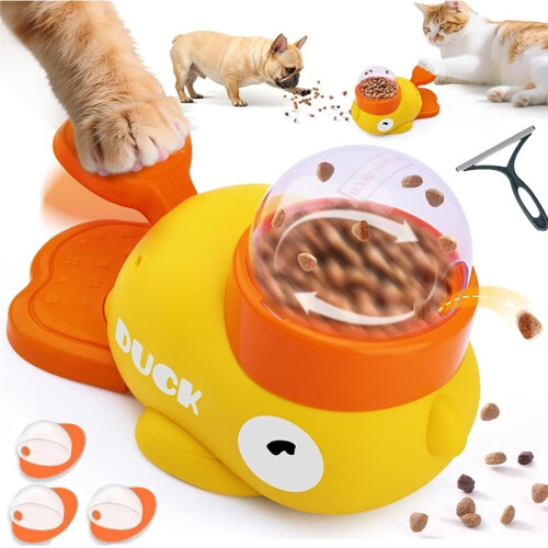 Cat Feeder, Duck-Shaped Cat Treat Dispenser, Interactive Slow Feeder, Push-Button Toy B 2