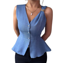 Damespakvest met V-Hals, Knoopsluiting, Mouwloos Jasje, Modieus Zomervest, Damesmodevest Blauw S
