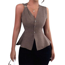 Damen-Anzugweste, V-Ausschnitt, Knopfleiste, Ärmellose Jacke, Modische Sommerweste, Damenmodewesten Kamelfarbe L