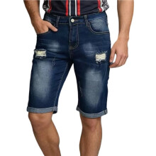 Slim Fit Stretch Denim Shorts voor Heren, Modieus met Scheuren, Comfortabel en Stijlvol Diepblauw XL