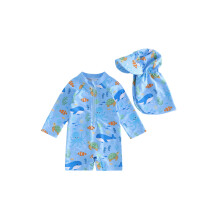 (12-18 Months, Blue) Toddler Baby Boy Rash Guard Swimsuit with Hat 2 Pcs Set Marine Life Print Zip Up Long Sleeve Swimwears