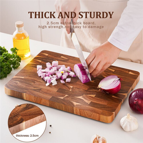 High Quality 15 Inch Rectangular Cutting Board End Grain Acacia Wood Chopping Board with Side Handle 2