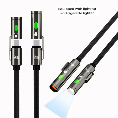 240W Type-C Cable with LED Flashlight and Igniter Nylon Braided Fast Charging Cable for Type C Charging Device 2m 2