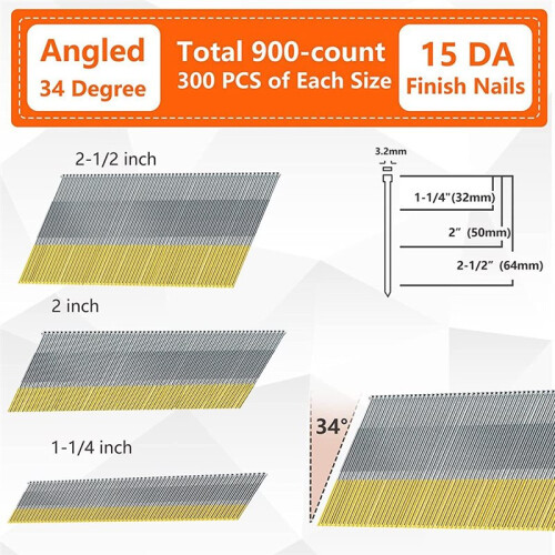 15 Gauge da Angled Finish Nails, 34-Degree, 1200-Pack Assorted Galvanized Project Pack for Angled Nailer Guns 2