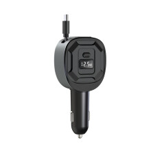 Carregador Veicular PD de 65 W com Carregamento Rápido, Visor de Voltagem e Cabo Retrátil para Celular, Tablet e Laptop.