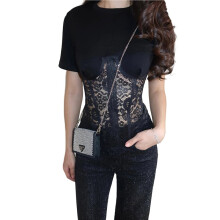 Women Floral Lace Bustier Cap Sleeve Crop Top Going Out Outfit Black M