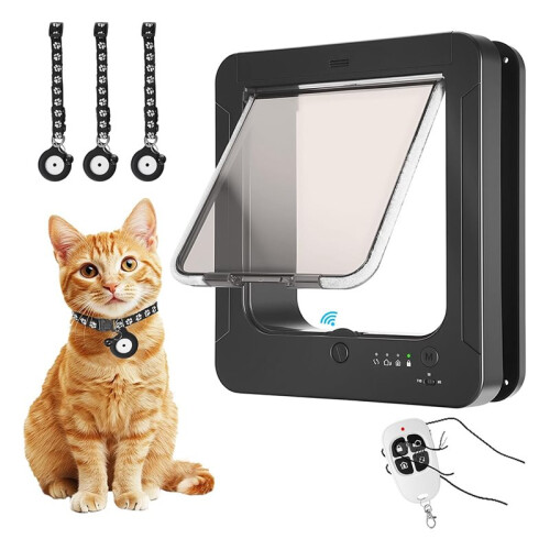 Cat Door with 3 Collar Sensor, RFID Cat Door Collar Activated with Remote Control, 4 Way Locking Black 2
