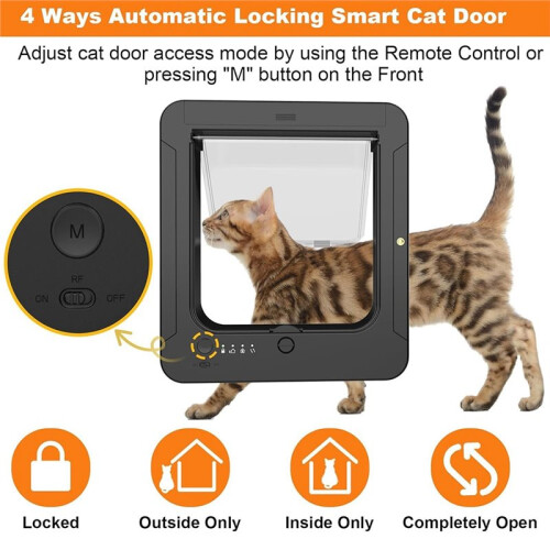 Cat Door with 3 Collar Sensor, RFID Cat Door Collar Activated with Remote Control, 4 Way Locking Black