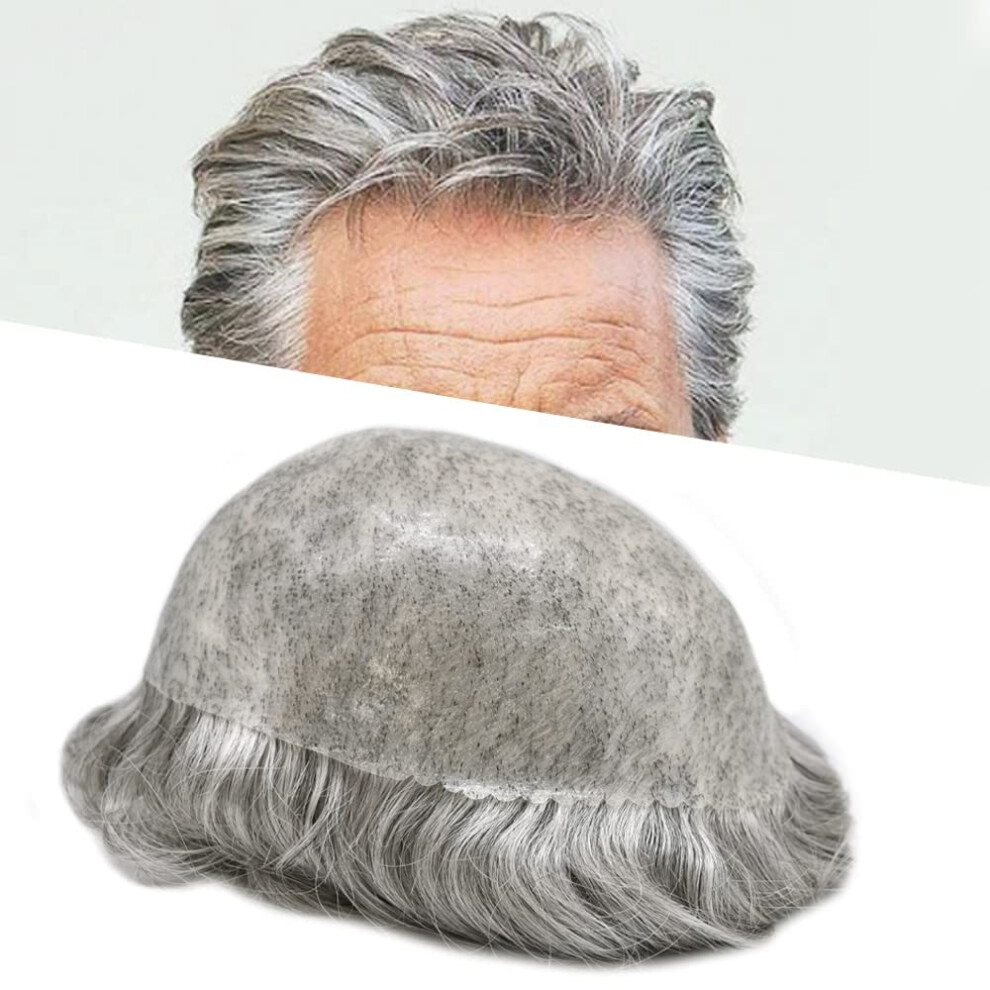 Unisex Black,Grey Men's Toupee Real Human Hair Poly Skin Base Natural Hairline 8X10 Off Black Grey Blend