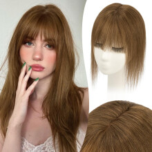 Human Hair Topper with Bangs for Women, Medium Brown 14 Inch Clip in Hairpiece for Thinning Hairline