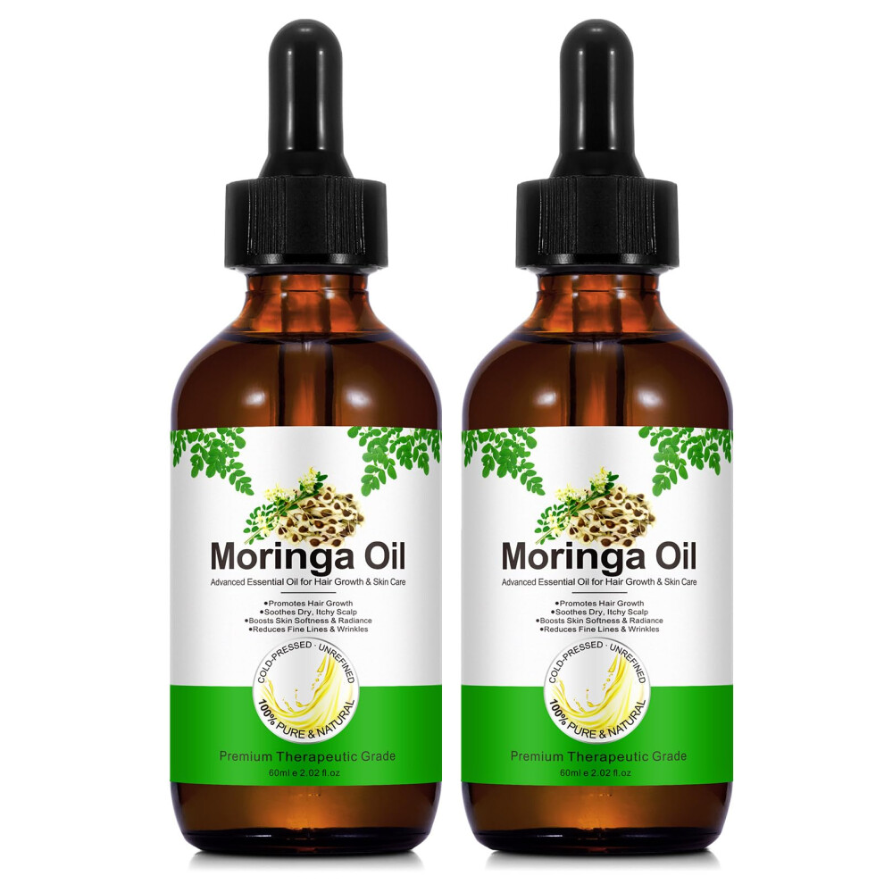 2 Pack Organic Cold Pressed Moringa Oil 2.02 fl oz for Hair Growth Skin Care Face and Body Hydration