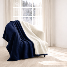 (Navy Blue, Medium - 150x200 cm) 480GSM Reversible Thick Plush Sherpa Throw Blanket For All Seasons