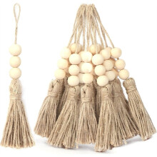 20 Pack Jute Rope Tassel with 3 Wood Beads, HempRope Burlap Tassels DIY Wood Beads for Wedding Home Party