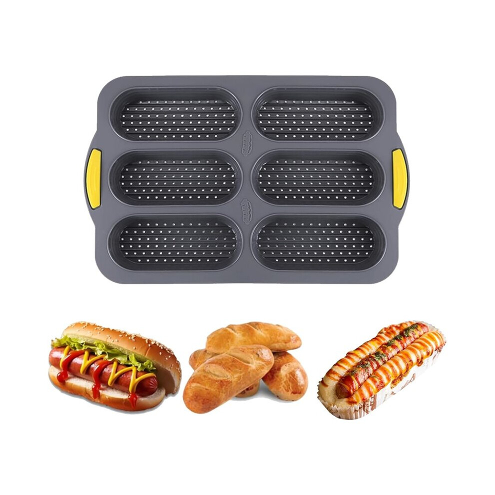 Brecantia 6-Cavity Silicone Bread Pan, Non-Stick French Bread & Hot Dog Bun Mold, Foldable Loaf Pan Baking Tool