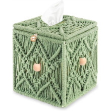 Boîte à Mouchoirs Carrée Décorative en Macramé, Style Bohème, Faite Main, en Corde de Coton Tissée, pour Mouchoirs et Papier Toilette