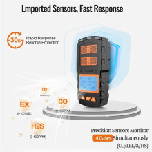 4in1 Gas Detector for CO, H2S, O2, LEL Detection Long Battery Life Multi-Alarm System Portable Design